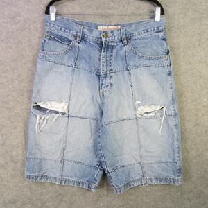 Godbody Denim Jean Shorts Mens 34 Blue Patchwork Distressed Streetwear Y2K Baggy